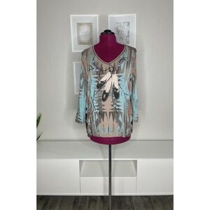 Cactus Bay Top Women's XXL‎ 3/4 Sleeve Art To Wear Feathers Embellish